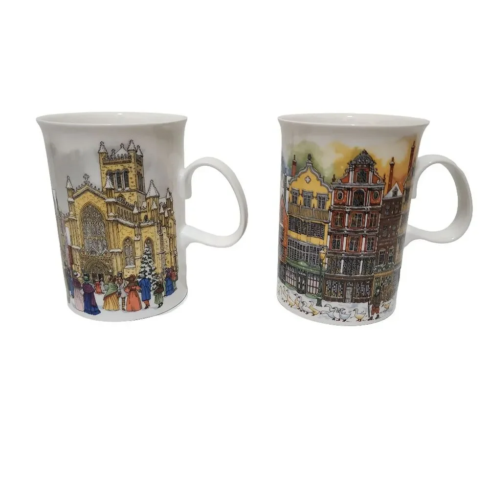 (2) Dunoon Bone China Mugs England Sue Scullard Christmas Time Carriage & Geese